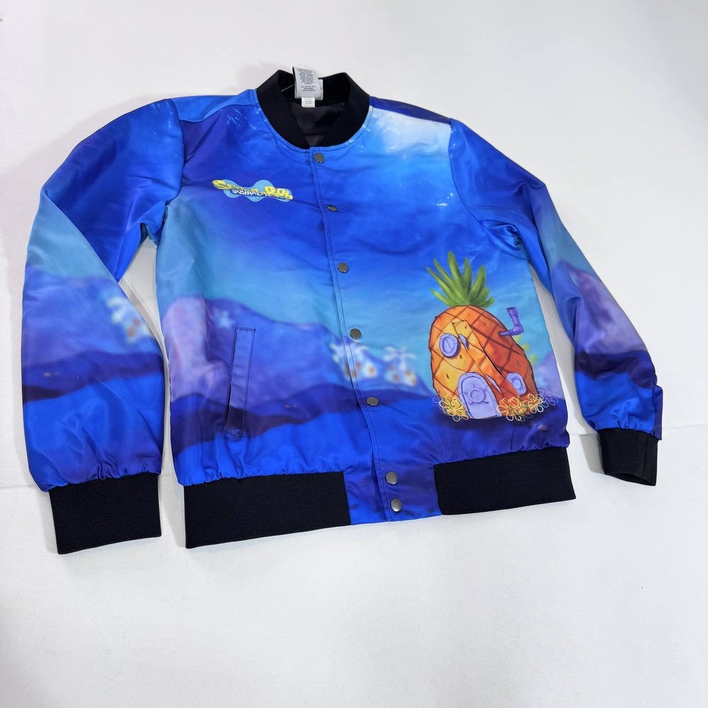 SpongeBob SquarePants Jacket Mens Medium Blue Satin Bomber Pineapple Graphic